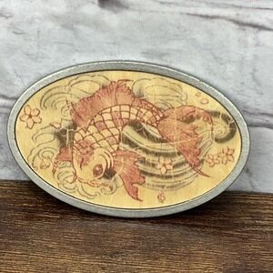 Koi Fish Belt Buckle Silver Tone Buckle with Wood Inlaid Design Vintage